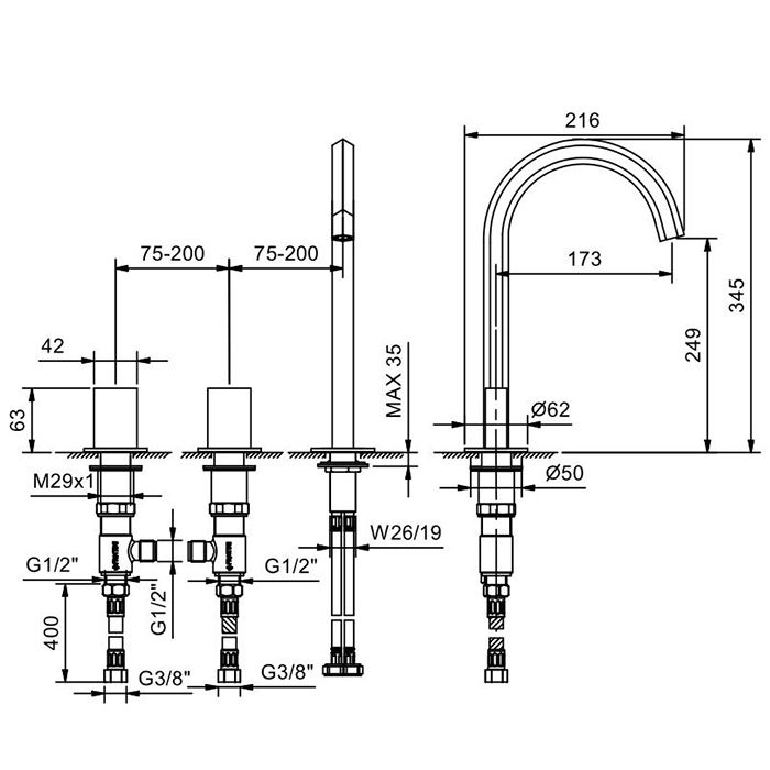 Fantini Venezia Смеситель для раковины, 3 отв., без донного клапана, излив 175мм, цвет: Nickel PVD