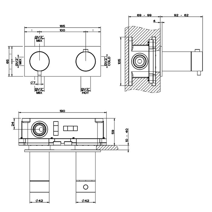 GESSI 316 Термостатический смеситель, с подключением на 3/4”, фильтр, на 3 источника (внешняя часть), цвет: brushed black metal pvd