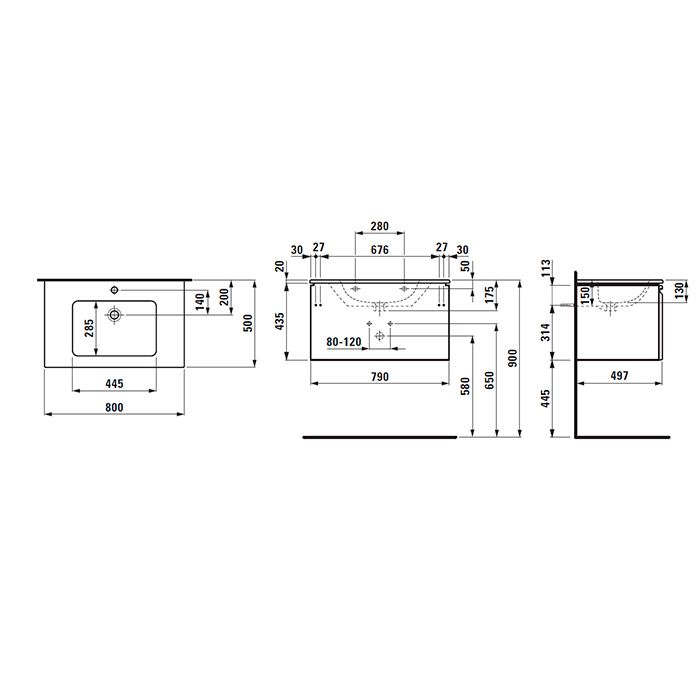Laufen PRO S комплект: шкафчик с раковиной на 1 отв, 800х500х460 мм, с раковиной Slim 800 мм, 1 внутр. ящик, вкл.орган.для ящика, белый глянцевый, артикул 8.6096.4.475.104.1