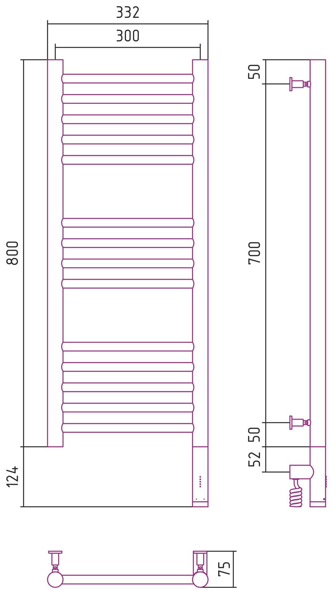Полотенцесушитель электрический "БОГЕМА 3.0" прямая 800х300 / МЭМ правый (Без покрытия)