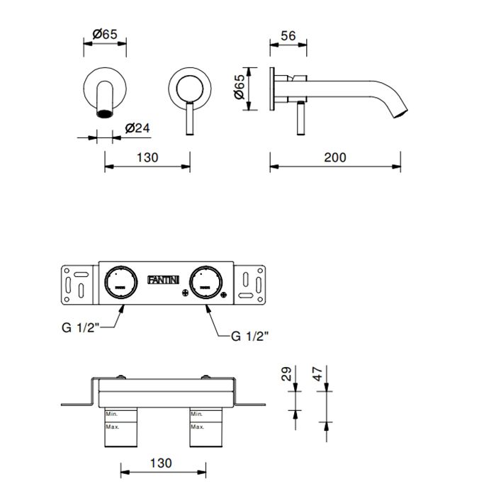 Fantini Nostromo Смеситель для раковины, встраиваемый, на 2 отв, без донного клапана, излив 200мм (наружняя часть), цвет: черный матовый