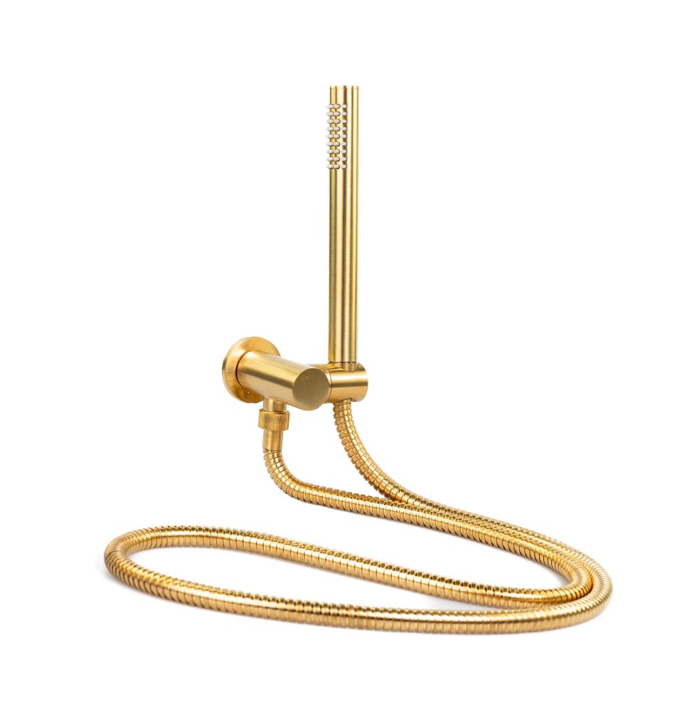 Emmevi, набор ручного душа 154: круглая лейка, шланг 150 см и держатель лейки с водоотводом (все детали из латуни), цвет брашированное золото, артикул 154OT/ORS