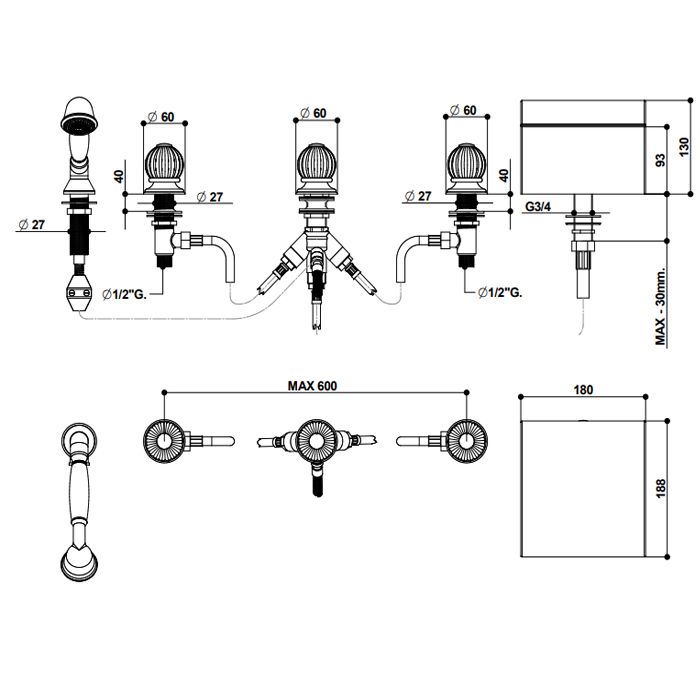 Bongio Rivoli Смеситель на борт ванны (5 отв.) излив-водопад с ручным душем, цвет золото/cristallo 00