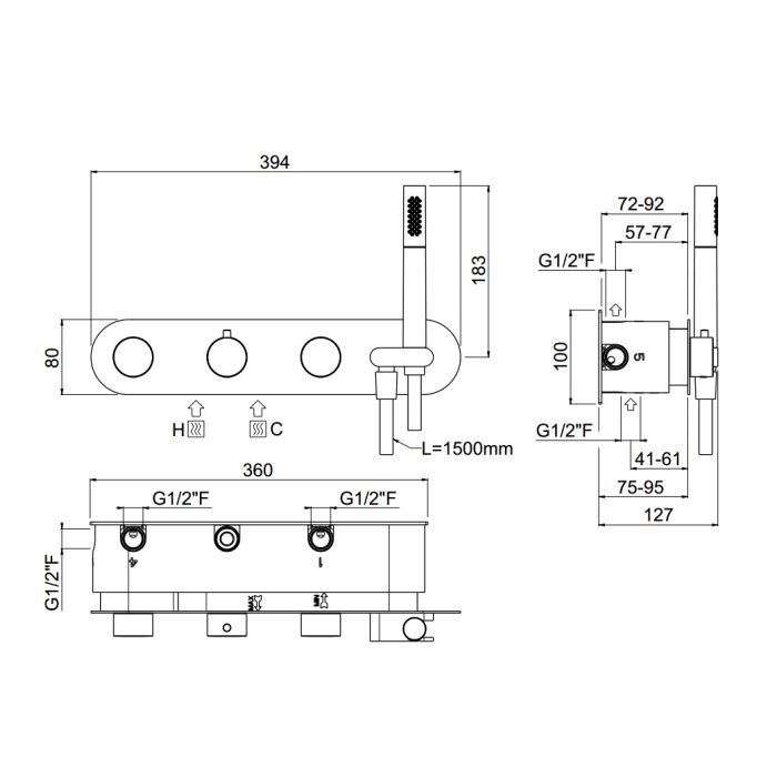 Внутрення часть, Carimali, для термостатического смесителя с держателем для душа, на 5 выходов, установка-горизонтальная, цвет-хром