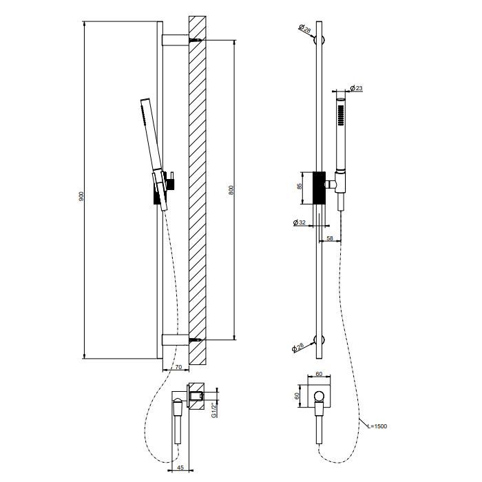 GESSI  INVERSO DIAMANTATO Штанга в комплекте с душевой лейкой , гибкий шланг 1,50 м и вывод воды , цвет: Matte Black
