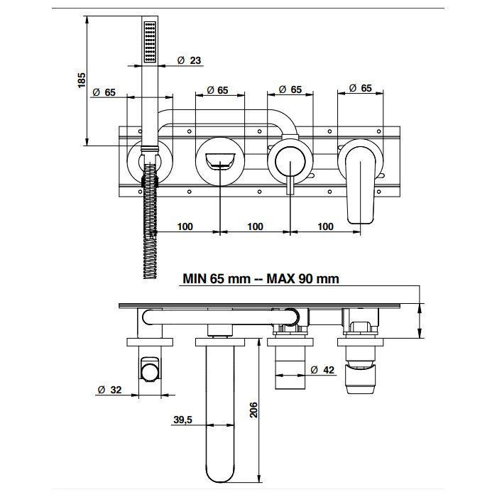 Bongio GIO2 Смеситель встроенный для ванны с ручной лейкой,излив 206 мм цвет: черный матовый (без встраиваемой части 0969000VA), артикул 80550NEADPREU