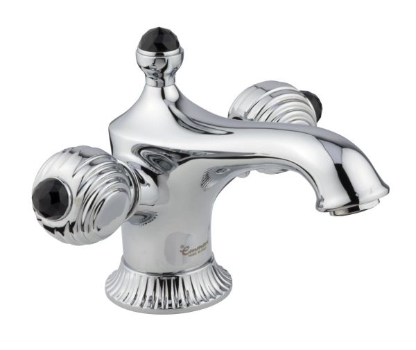 Смеситель The One с донным клапаном для раковины. Металлические ручки + черные кристаллы Swarovski,