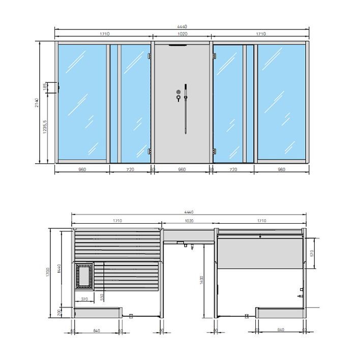 Effegibi Yoku Spa Glass Сауна&Хаммам 444x170h217см, угловая Dx, цвет: сауна чёрный орех/Calacatta Gold Extra