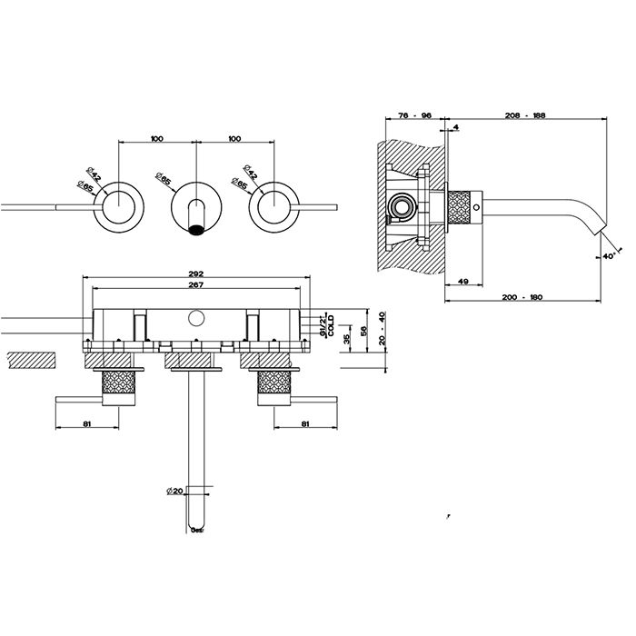 GESSI 316 Встраиваемый смеситель для раковины с изливом 200-180мм (внешняя часть), цвет: brushed black metal pvd