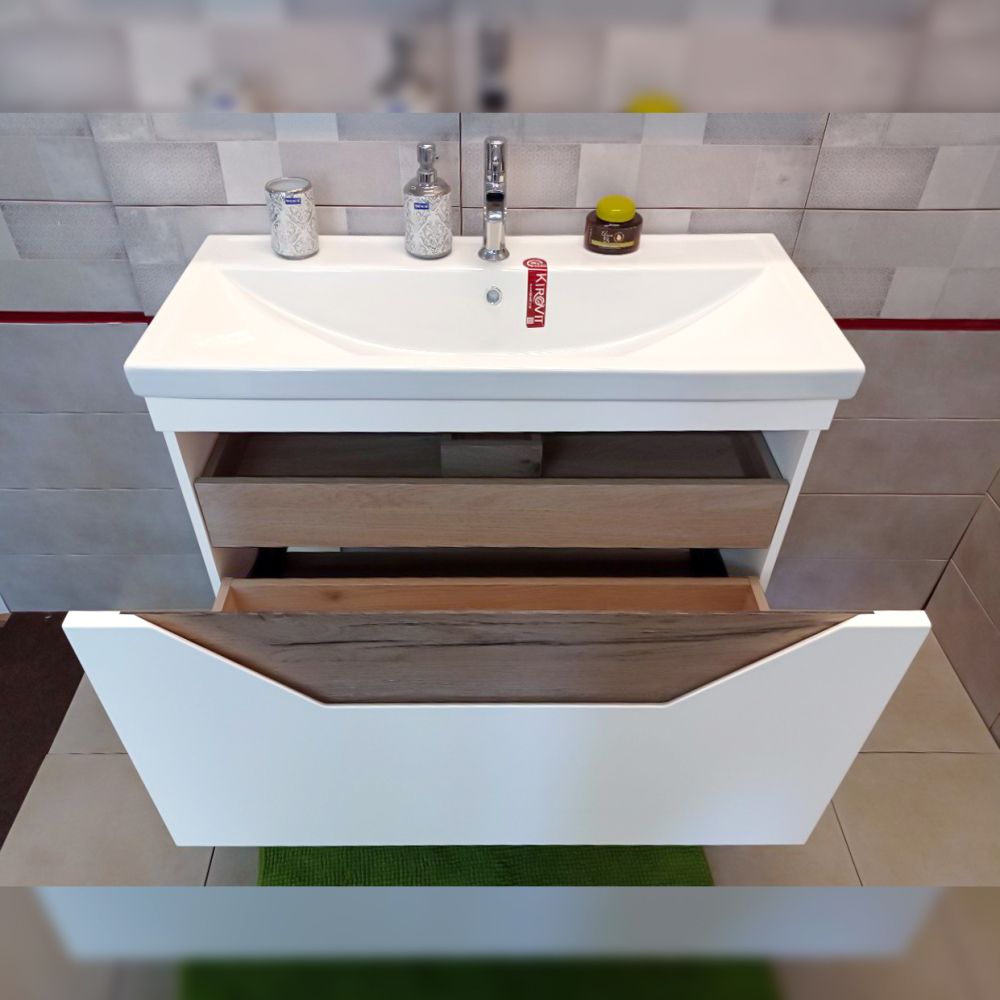 Тумба под раковину подвесная Бриклаер Брайтон белый/дуб, 100 см, артикул 4627125415760