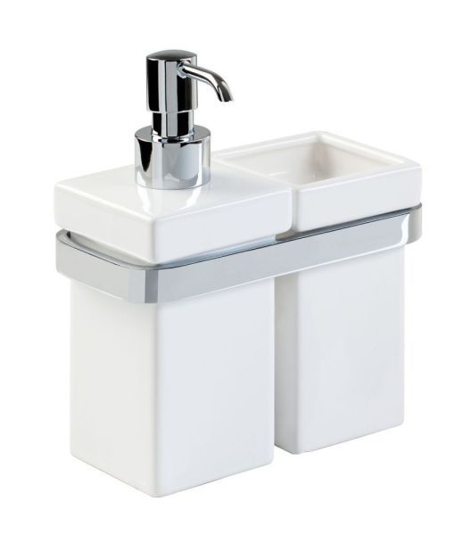 Stil Haus Mizar, настенные керамические дозатор + стакан, цвет хром - белая керамика