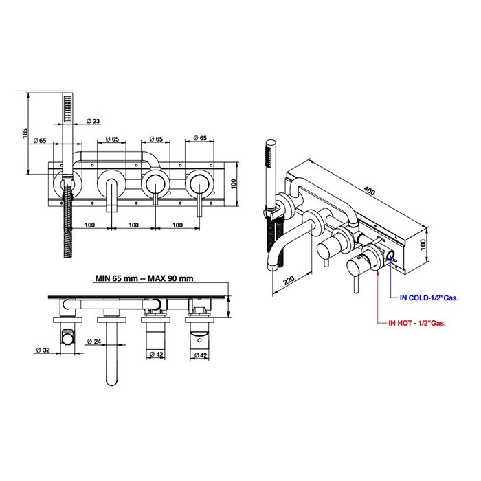 BONGIO ON Смеситель для ванны встраиваемый, однорычажный, с изливом и ручным душем,цвет матовое французское золото (без встраиваемой части 0969000VA), артикул 68550HMADPREU