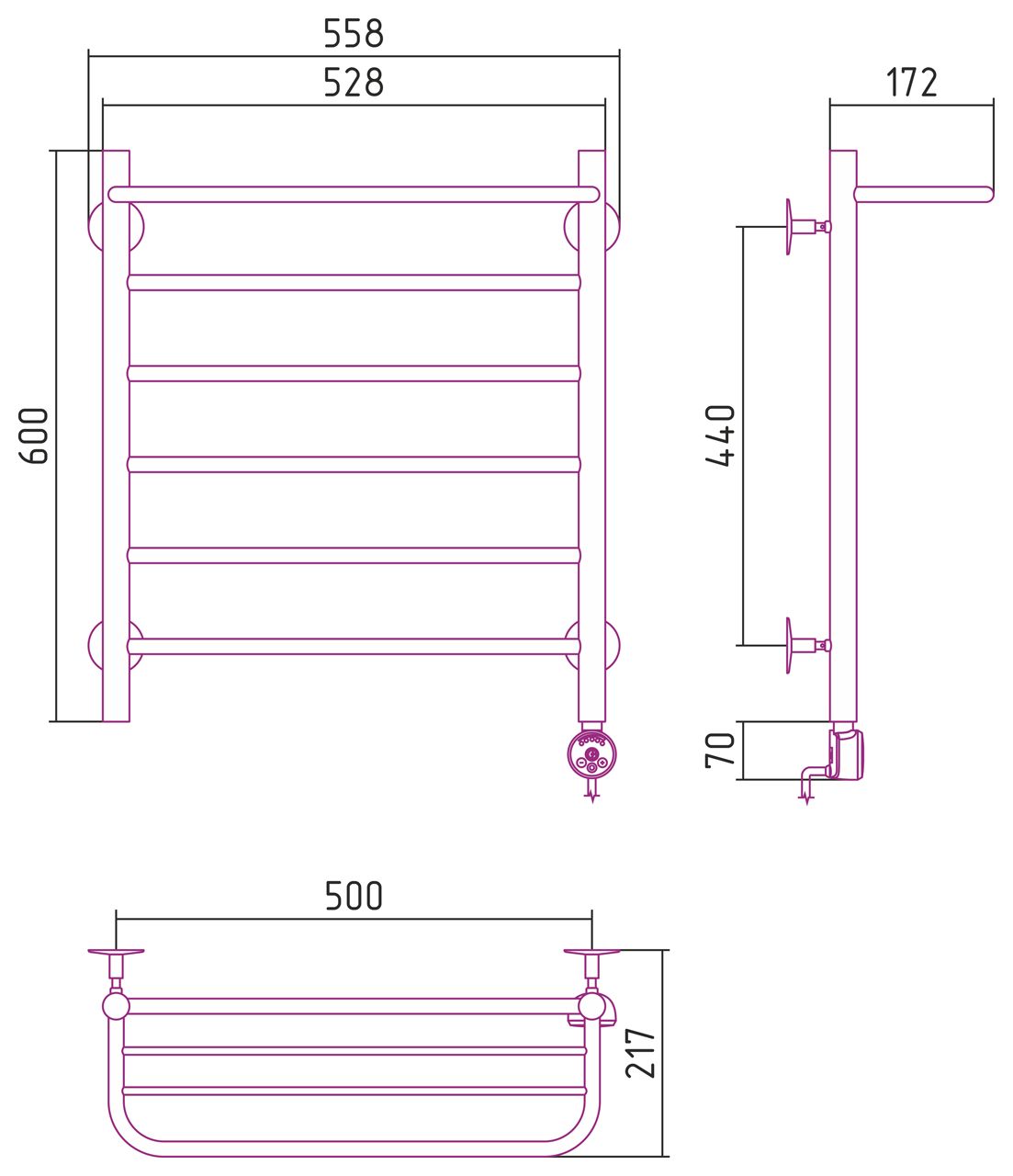 Электрический полотенцесушитель СТИЛЬЕ "Формат 20 ТП" 600х500 (Полка + 5) П16 (Без покрытия)