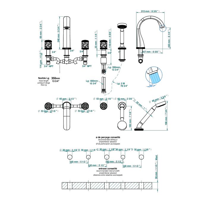 THG HIRONDELLES PLATINUM STAMPED Смеситель на борт ванны на 5 отверстий, двойной, с ручным душем, цвет Polished nickel