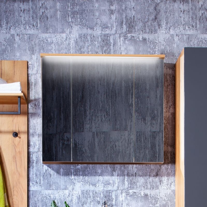 Зеркальный шкаф Бриклаер Форест 80 с подсветкой Антрацит со вставкой Пенёк