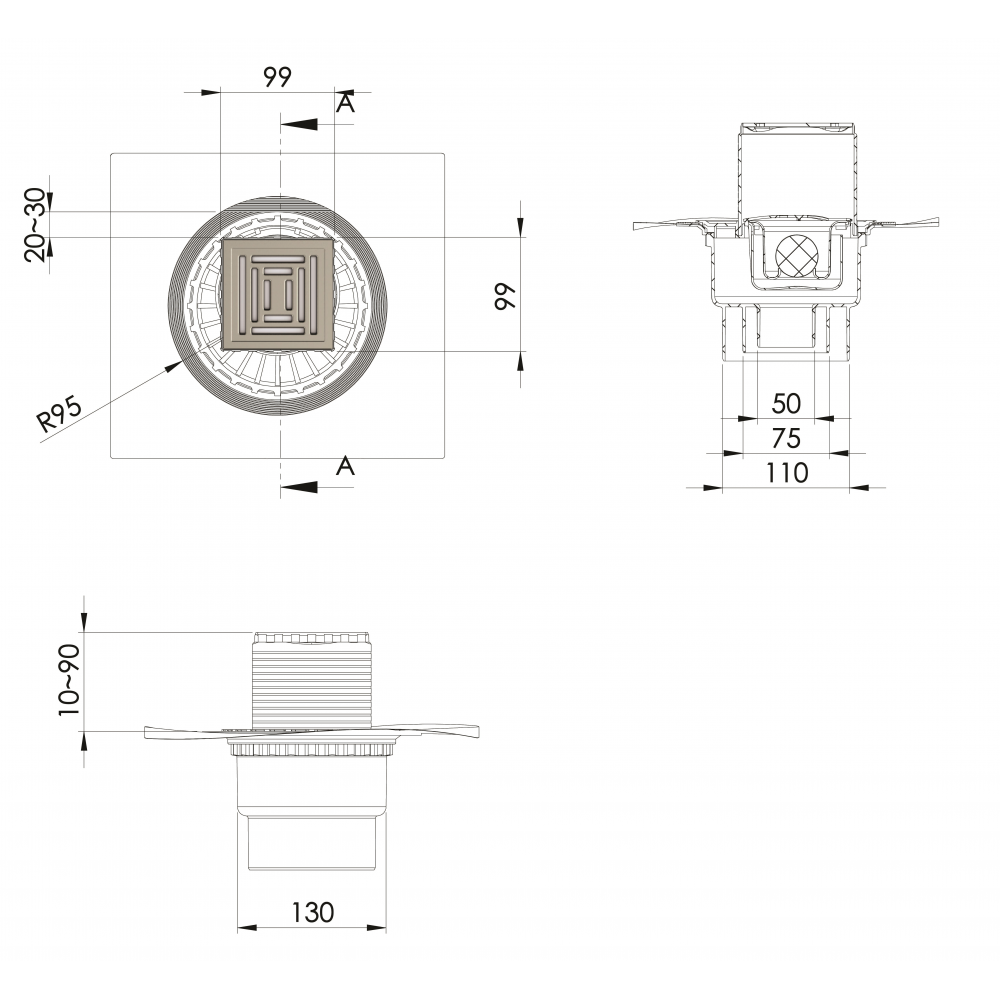 Трап BERGES водосток ZENTRUM Uno 100х100, матовый хром, выпуск D50/75/110 H74 вертикальный