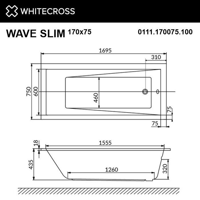 Ванна WHITECROSS Wave Slim 170x75 "LINE NANO" (золото)