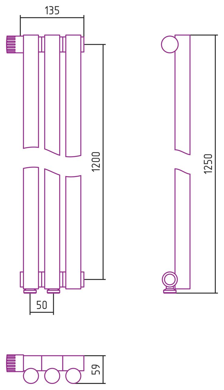 Отопительный радиатор ЭСТЕТ-1 н/ж EU50 левый 1200х135 / 3 сек (МУАР Темный Титан)