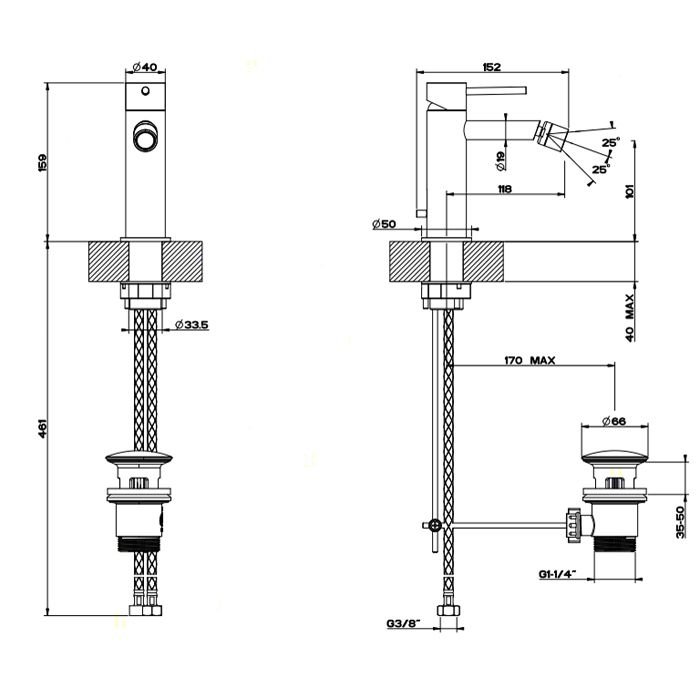 GESSI 316 Смеситель для биде на 1 отверстие с донным клапаном, излив 118мм, цвет: steel brushed
