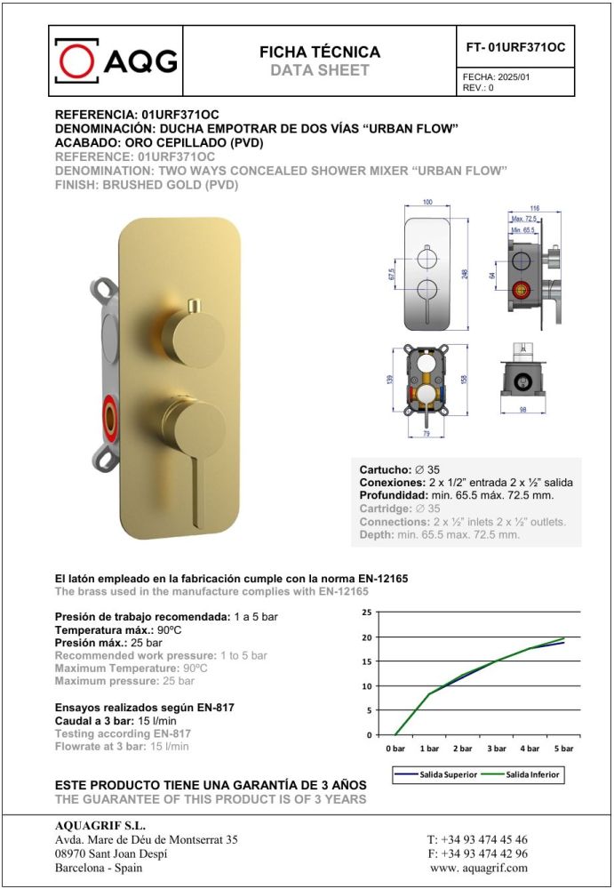AQG Urban Flow, душевой комплект ER236 на 2 потребителя, с настенным кронштейном, цвет матовое золото (PVD), артикул 19URFER23609
