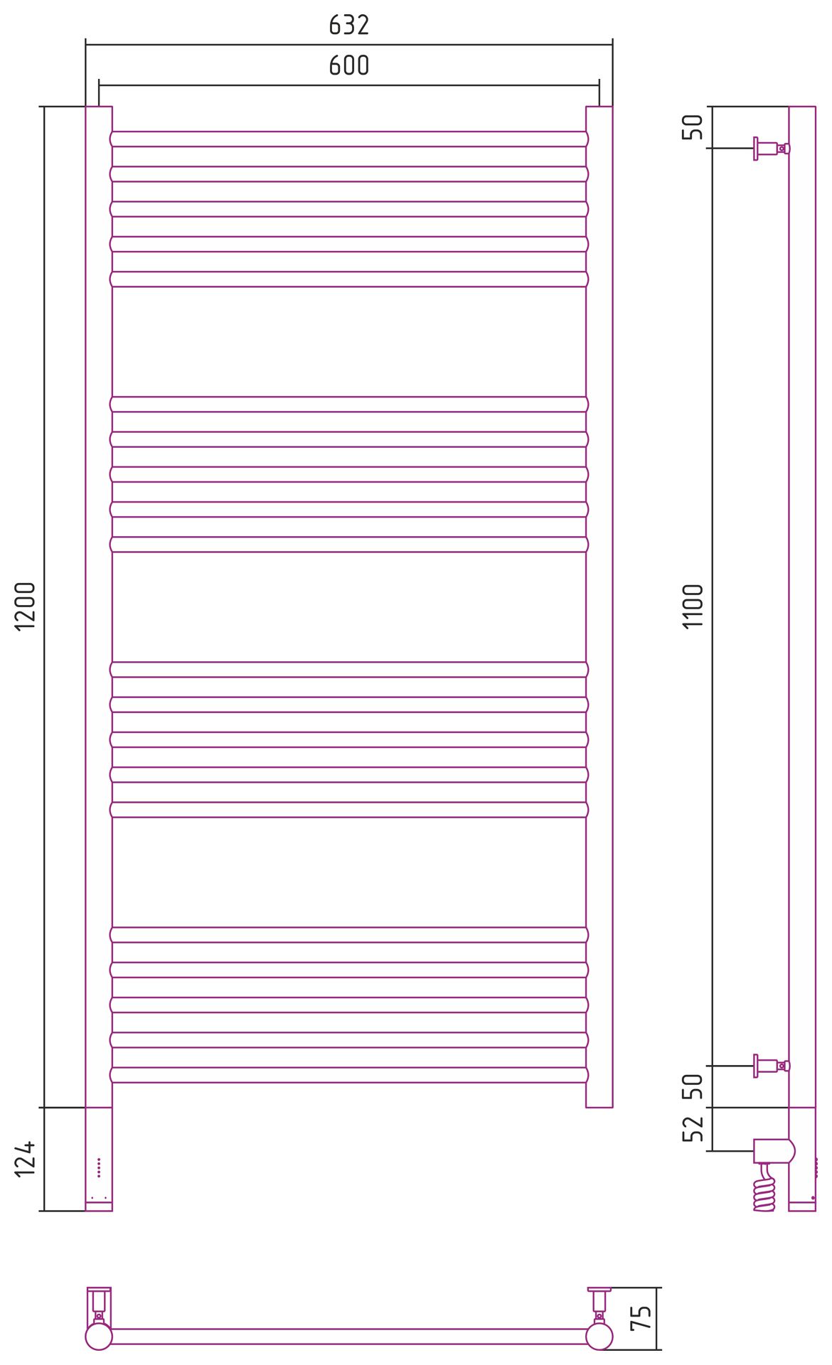 Полотенцесушитель электрический "БОГЕМА 3.0" прямая 1200х600 / МЭМ левый (Золото)