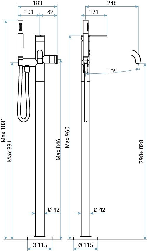 Emmevi Filobrass, однорычажный напольный смеситель для ванны на 1 ноге (излив 18,2 см), рукоятка без стержня, c набором для душа, цвет брашированное з, артикул 85030ZI/ORS