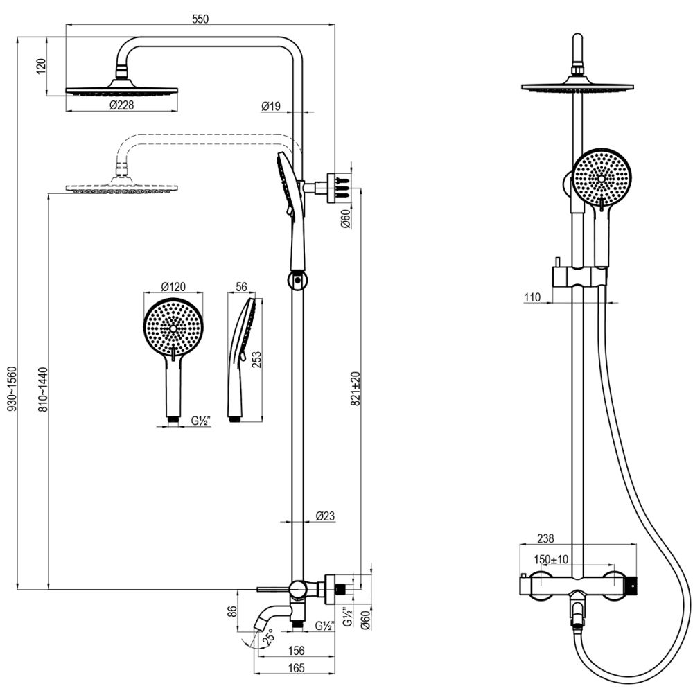 Смеситель Lemark Karelia для ванны и душа с регулируемой высотой штанги и лейкой верхнего душа «Тропический дождь» (LMF-2026S-BN), артикул LMF-2026S-BN