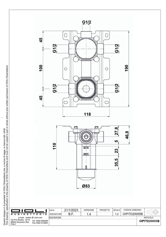 Oioli, внутренняя часть с боксом к встраиваемому в стену смесителю для душа на 3 потребителя c термостатом, артикул OIPITD20005B