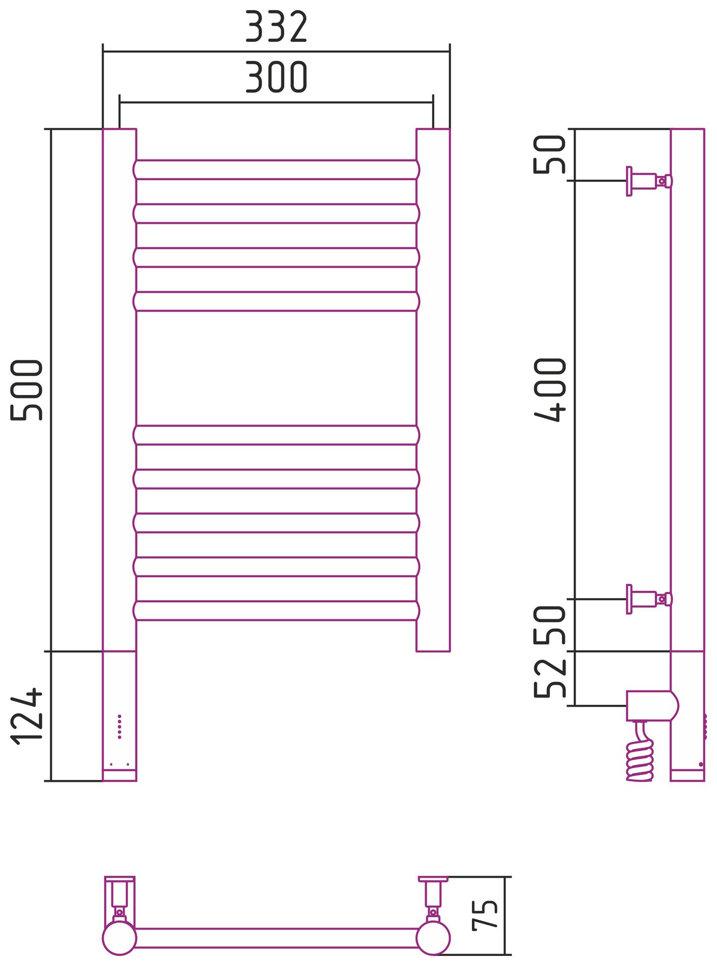 Полотенцесушитель электрический "БОГЕМА 3.0" прямая 500х300 / МЭМ левый (Без покрытия)