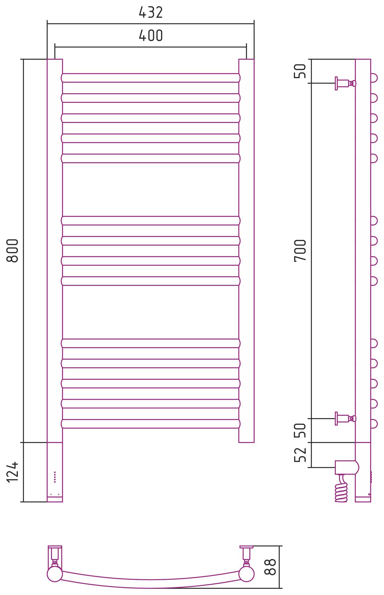 Полотенцесушитель, Сунержа, Богема 3.0, выгнутая, электрический, ширина, мм-432, глубина, мм-88, высота, мм-924, межосевое расстояние-400, нагревательный элемент-ТЭН, подключение-нижнее слева, электрокомплект-МЭМ, мощность, Вт-300, материал-нержавеющая ст