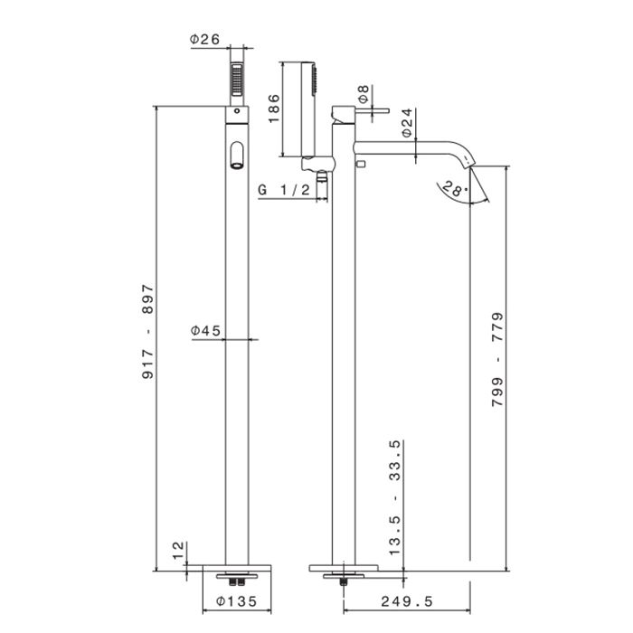 Newform XT Смеситель для ванны напольный, излив 243 мм, в комплекте руч. душ, шланг, без встраиваемой части, (для 27819) цвет: хром