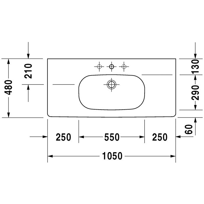 Раковина, Duravit, D-Code, ширина, мм-1050, глубина, мм-480, высота, мм-180, тип установки-подвесной/с пьедесталом, отверстия для смесителя-1, с переливом, материал-керамика, цвет-белый