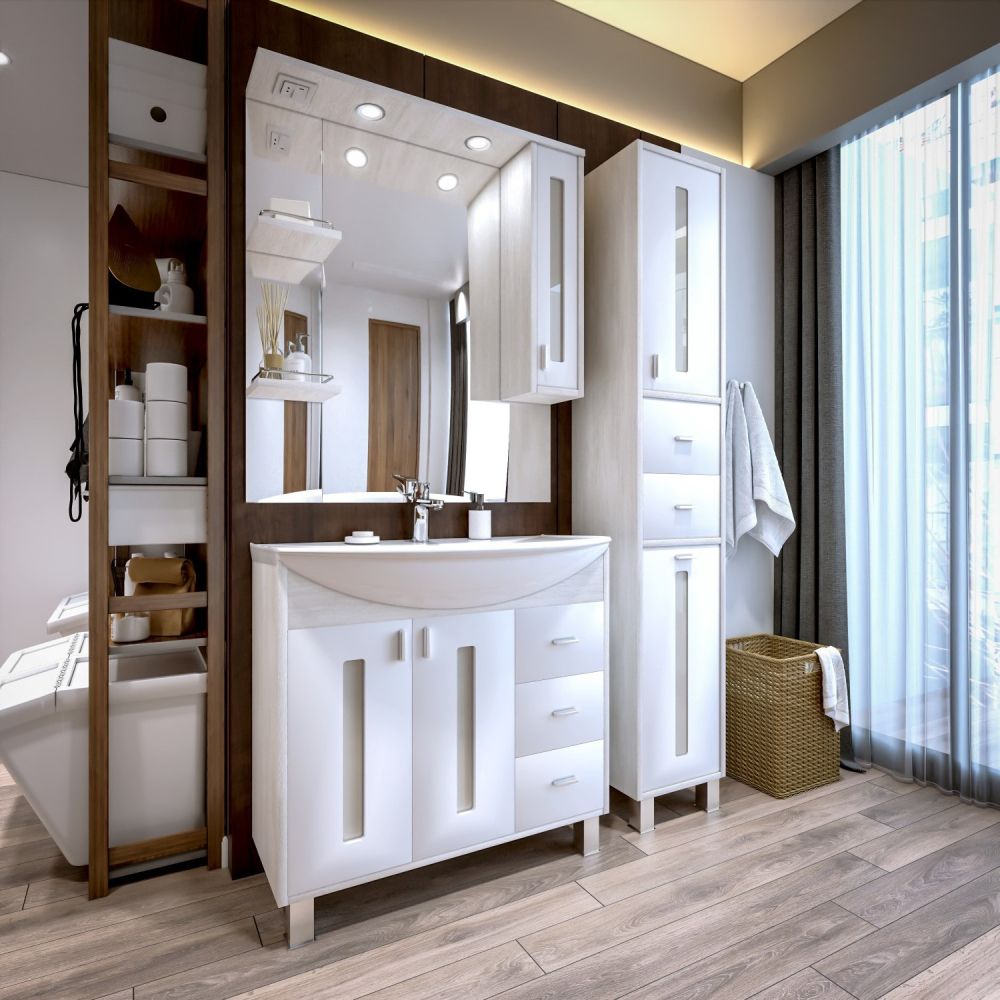 Зеркало со шкафом Бриклаер БАЛИ 90 см правое, светлая лиственница/белый, артикул 4627125412042