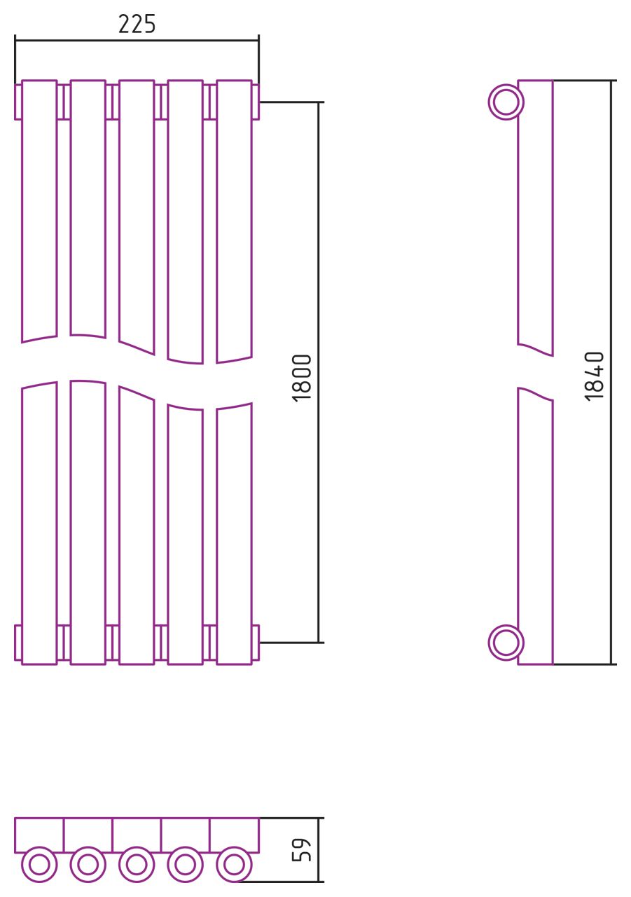 Отопительный радиатор ЭСТЕТ-0 н/ж 1800х225 / 5 сек (БЕЛЫЙ)