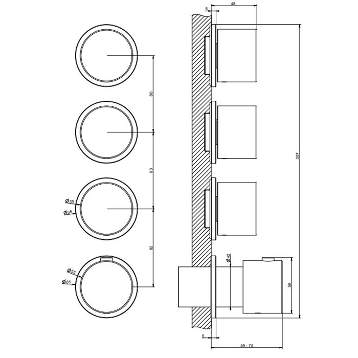 GESSI HABITO Смеситель настенный встраиваемый, термостатический, с 3 запорными вентилями, термостатический, цвет Black Metal PVD