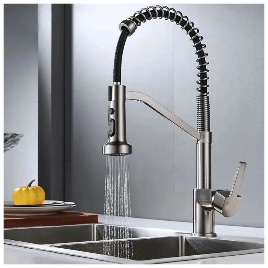 Смеситель для кухни с гибким изливом и режимом душ Haiba HB73826-3, оружейная сталь