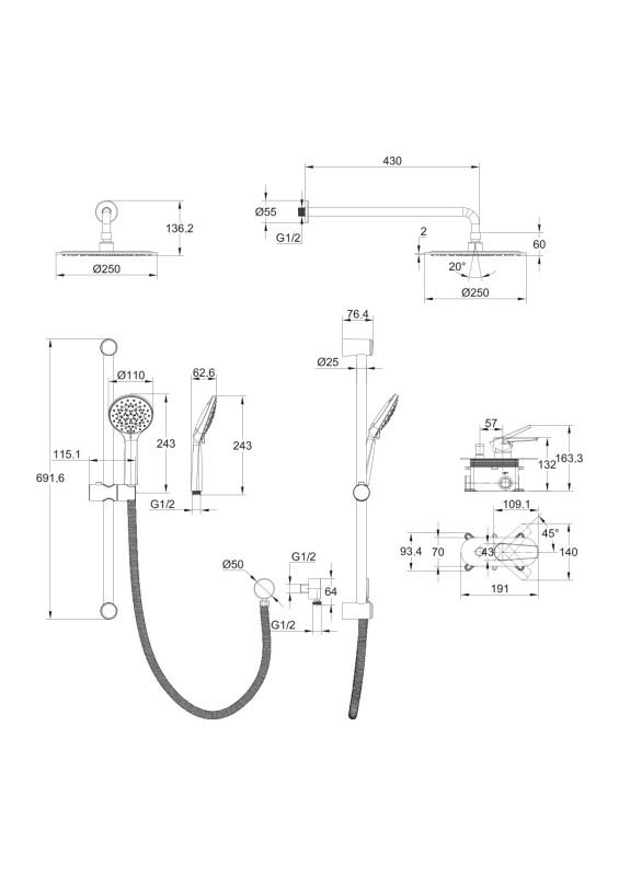 Душевая система Cersanit MODUO встраиваемая (смеситель стандартный) 5 режимов шланг 150 металл хром (64087), артикул 64087