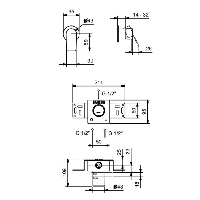 Смеситель для душа, Fantini, Myo, тип открывания воды-однорычажный, монтаж-настенный встраиваемый, отверстия для монтажа-1, внутренняя часть-необходимо заказать, цвет-хром