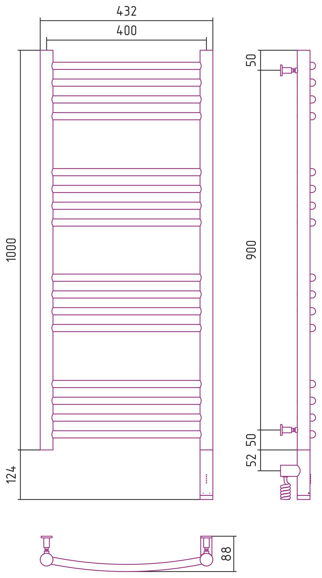 Полотенцесушитель электрический "БОГЕМА 3.0" 1000х400 / МЭМ правый (Тёмный титан муар)