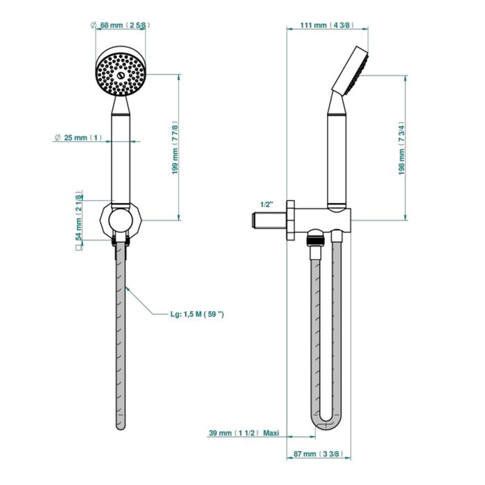 THG Les Ondes Душевой гарнитур с ручным душем, настенным держателем с подводом воды и шлангом 1500 мм., цвет Matt nickel