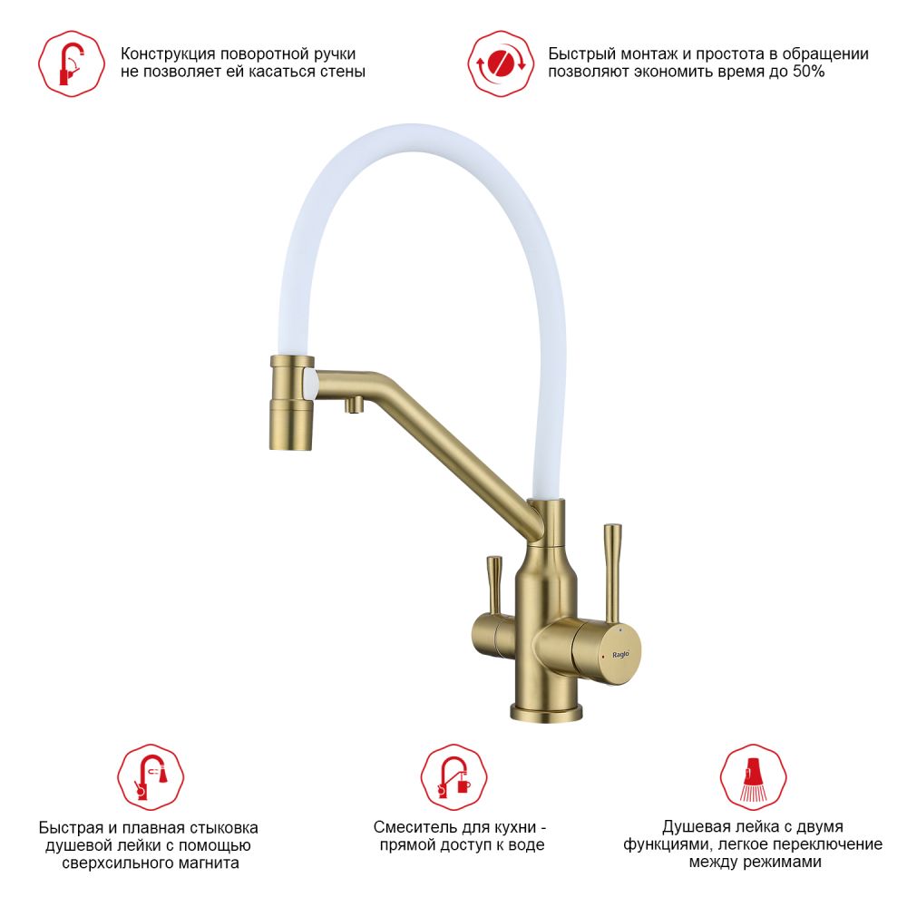 Смеситель для кухни с подключением фильтра Raglo R81.62.03, золотой сатин