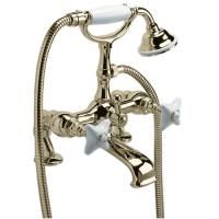 Devon White Rose Смеситель на борт ванны с душевым комплектом: шланг+лейка, цвет: золото