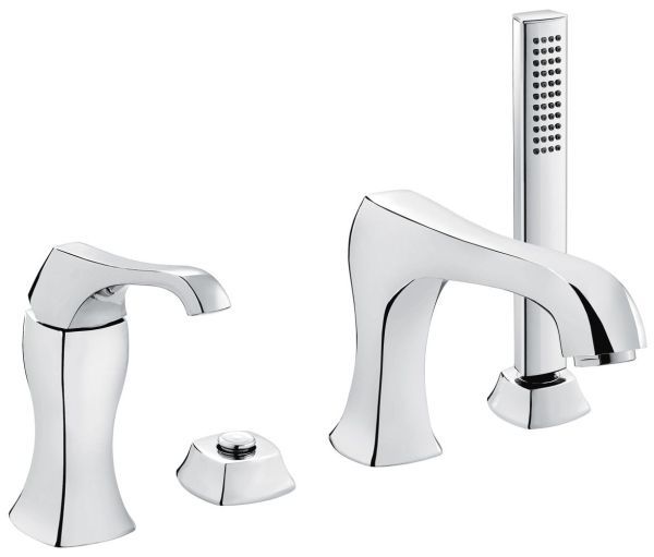 Emmevi Ares, комплект однорычажного смесителя на борт ванны (излив 19,2 см), на 4 отверстия, с набором для душа, цвет брашированное золото