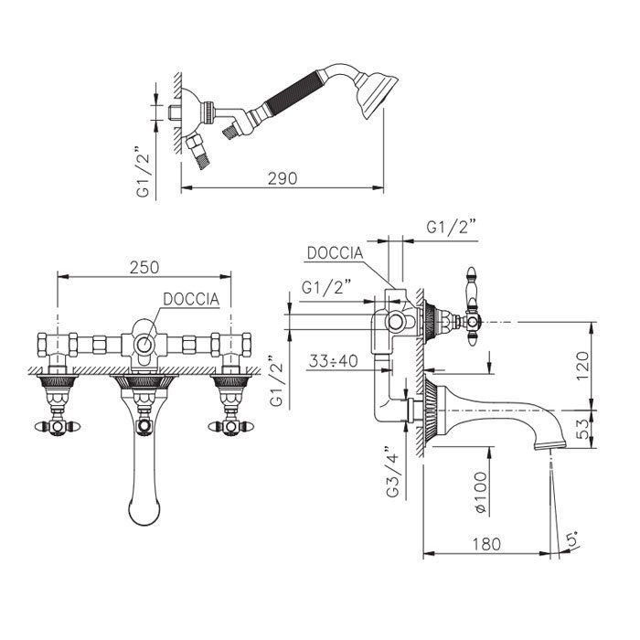 Nicolazzi Impero Смеситель для ванны с 2мя ручками, встроенный, вкл. внутр часть + комплект руч. душа, цвет: золото