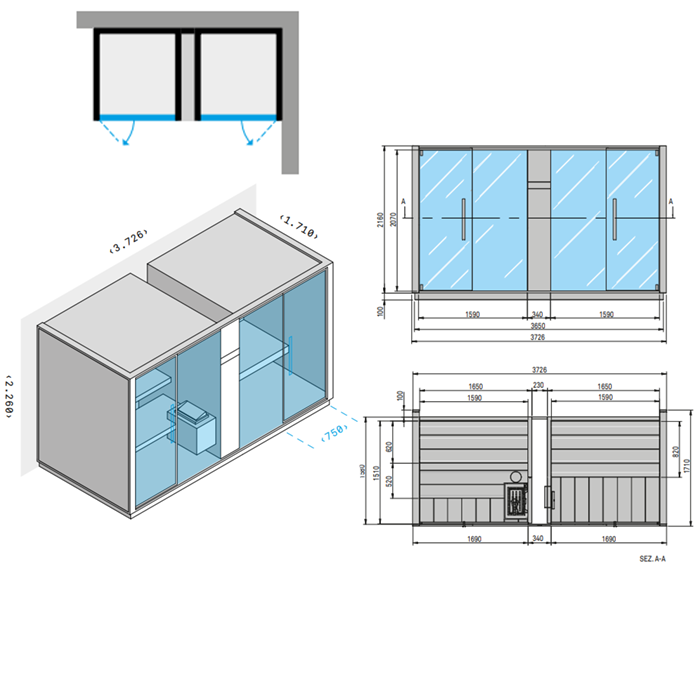 Effegibi Logica SH Сауна & Хаммам система, угловая DX, 373x171xh226см, отделка: Soft Sand