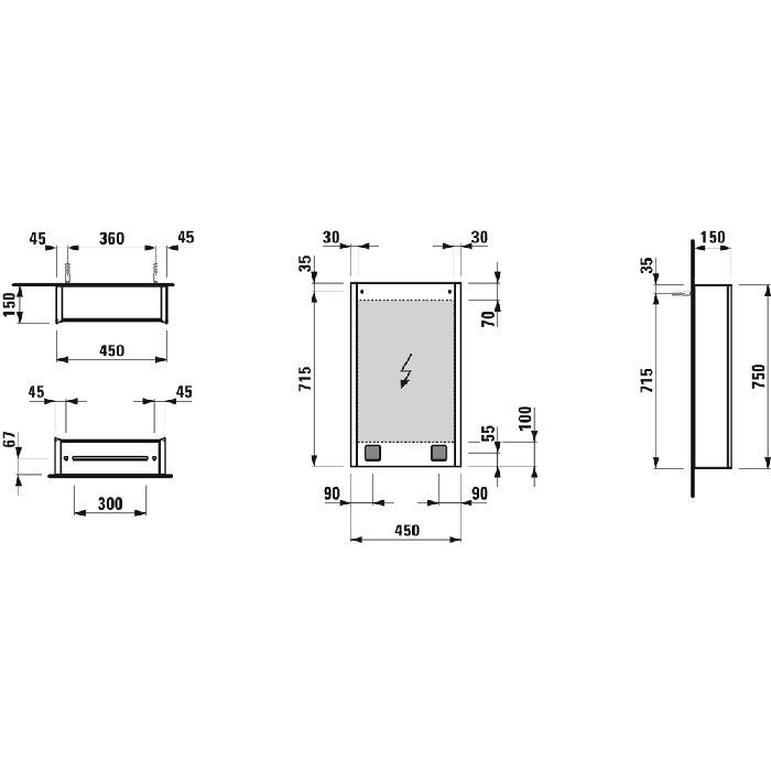 Зеркальный шкаф, Laufen, Frame25, ширина, мм-450, глубина, мм-150, высота, мм-750, тип установки-настенный, с подсветкой, тип освещения-светодиодная подсветка (LED) 2 вертикальных элемента, (регулируемая яркость), с окружающим освещением (внизу), тип вклю