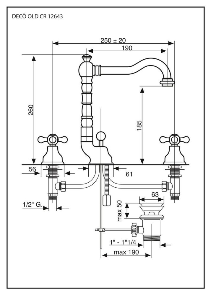 Emmevi Deco Old, двухвентильный смеситель для раковины (излив 18,3 см), на 3 отверстия, с донным клапаном, цвет хром