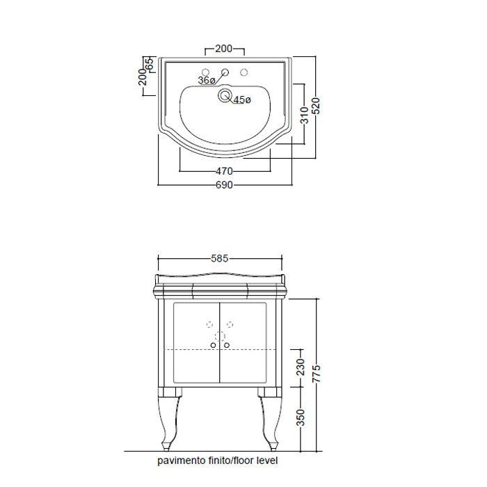 KERASAN Retro 69, раковина 69*52см с 1 отв., цвет: белый, артикул 104601*1