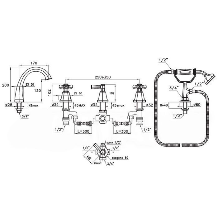 Stella Eccelsa Смеситель на борт ванны на 5 отверстий 3256TR/307, цвет: золото 24К