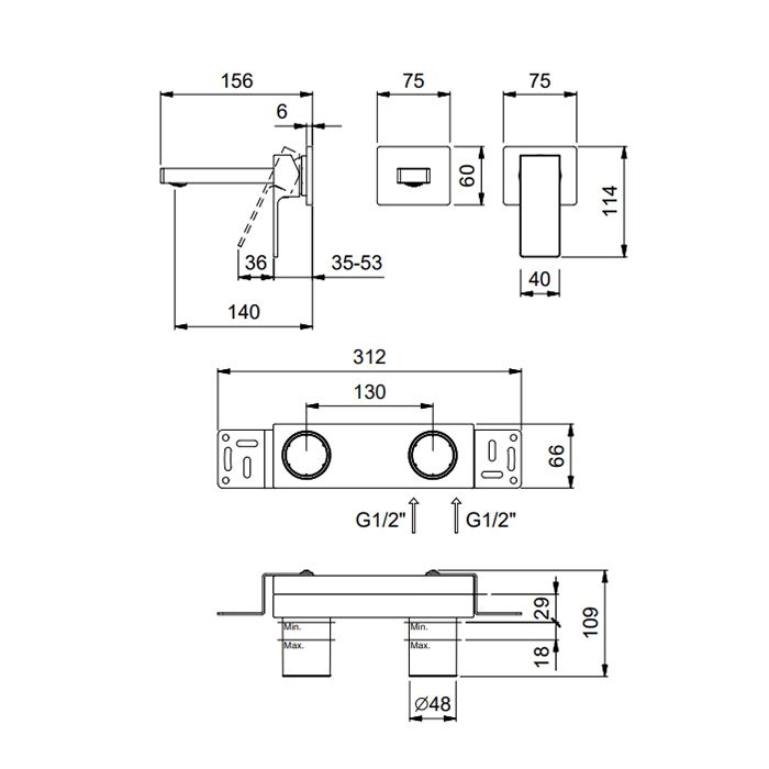 FANTINI MINT Смеситель для раковины настенный, однорычажный, излив 140 мм., внешняя часть, цвет черный матовый